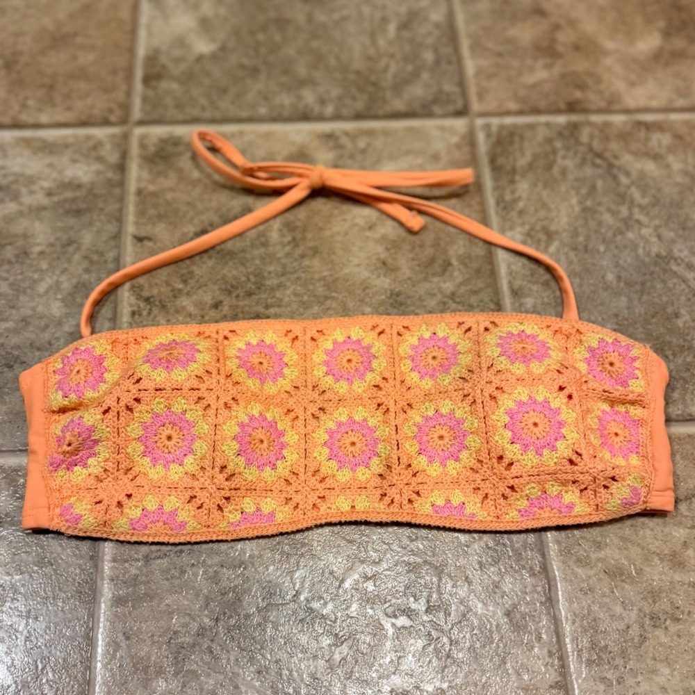Ninety-Nine Orange Crochet Floral Granny Square Bandeau Bikini Top Womens Medium